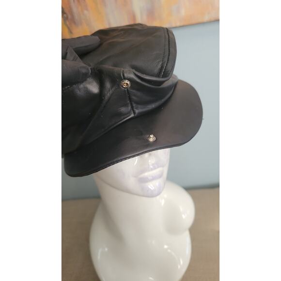 Vintage Oracle USA Black Leather Greek Fisherman Biker Cap – Made in USA – Size - Picture 8 of 8